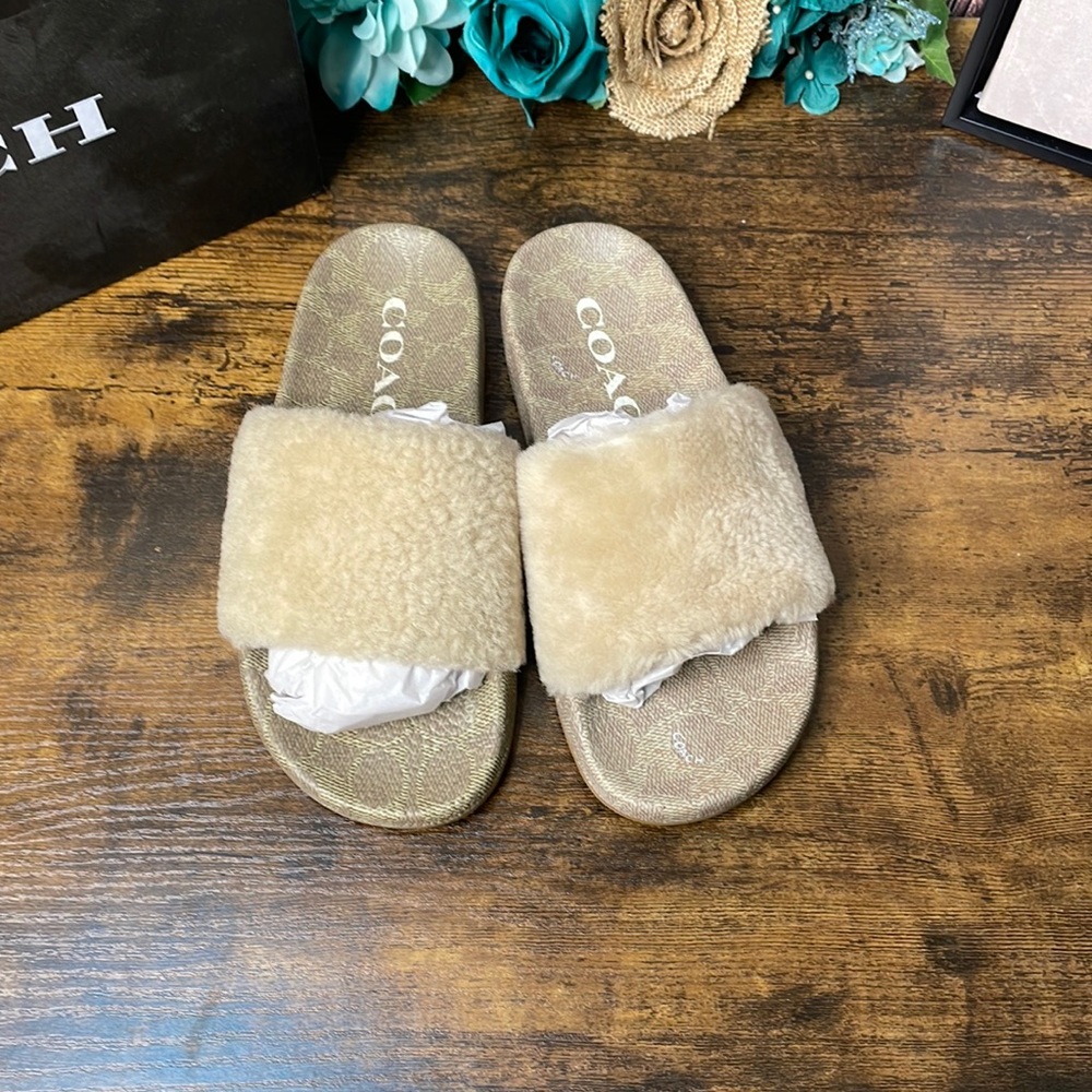 COACH Ulla Slide White Shearling size 5 nwt and box